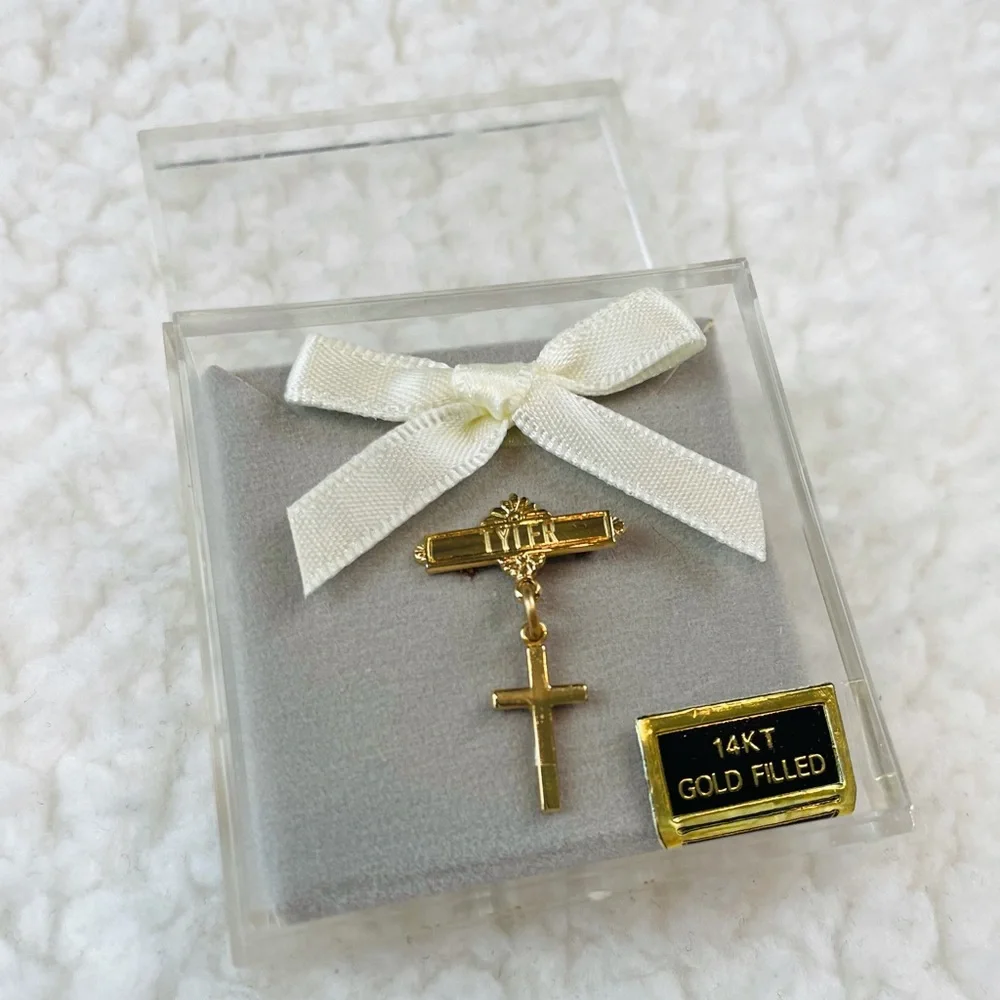 (VTG) 14K Gold Filled Tyler Name and Cross Baby Pin